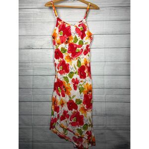 Island Stuff Women's Large White Red Orange Floral Sleeveless Maxi Dress 4737